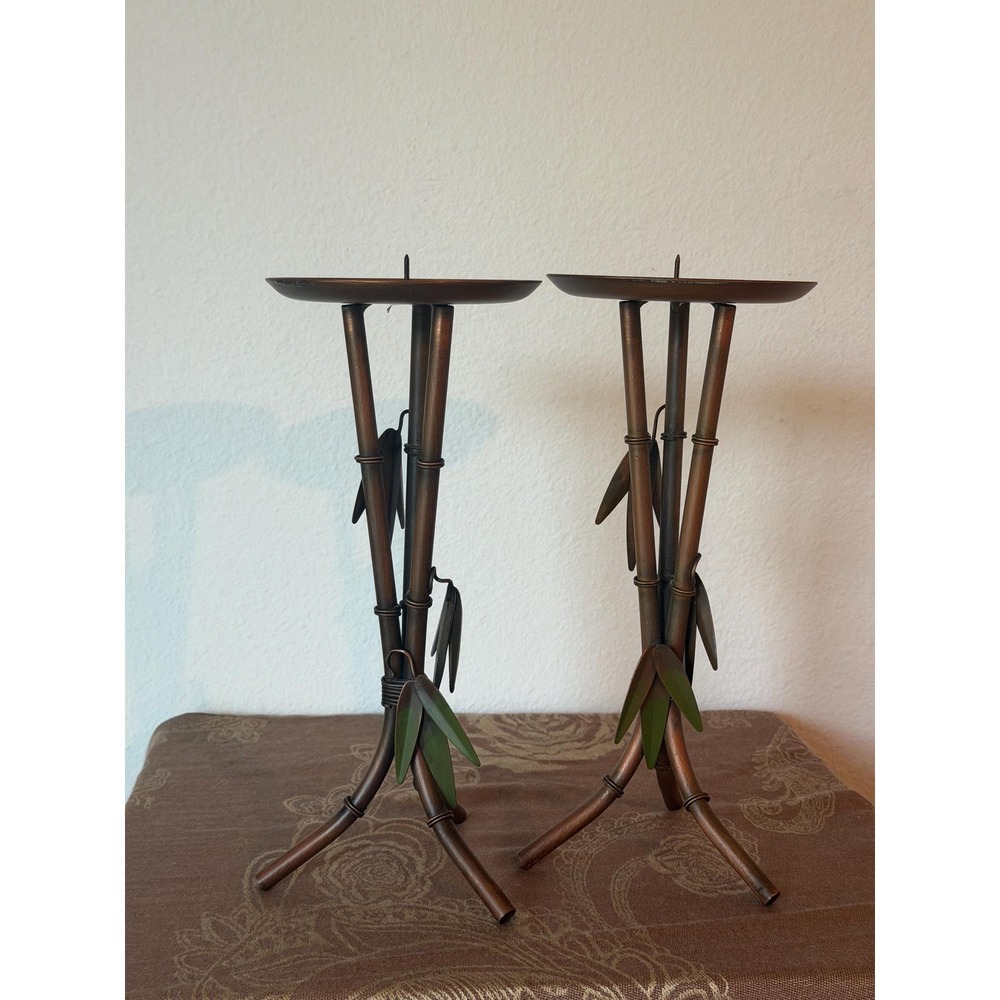 Tropical Copper Tone Palm Leaf Pillar Candle Holders Set of 2